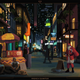 A busy street, with a man dressed as Santa asking for money.